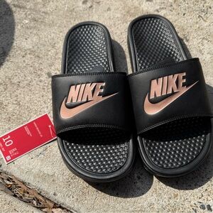 Nike Black Slides with Rose Gold Logo